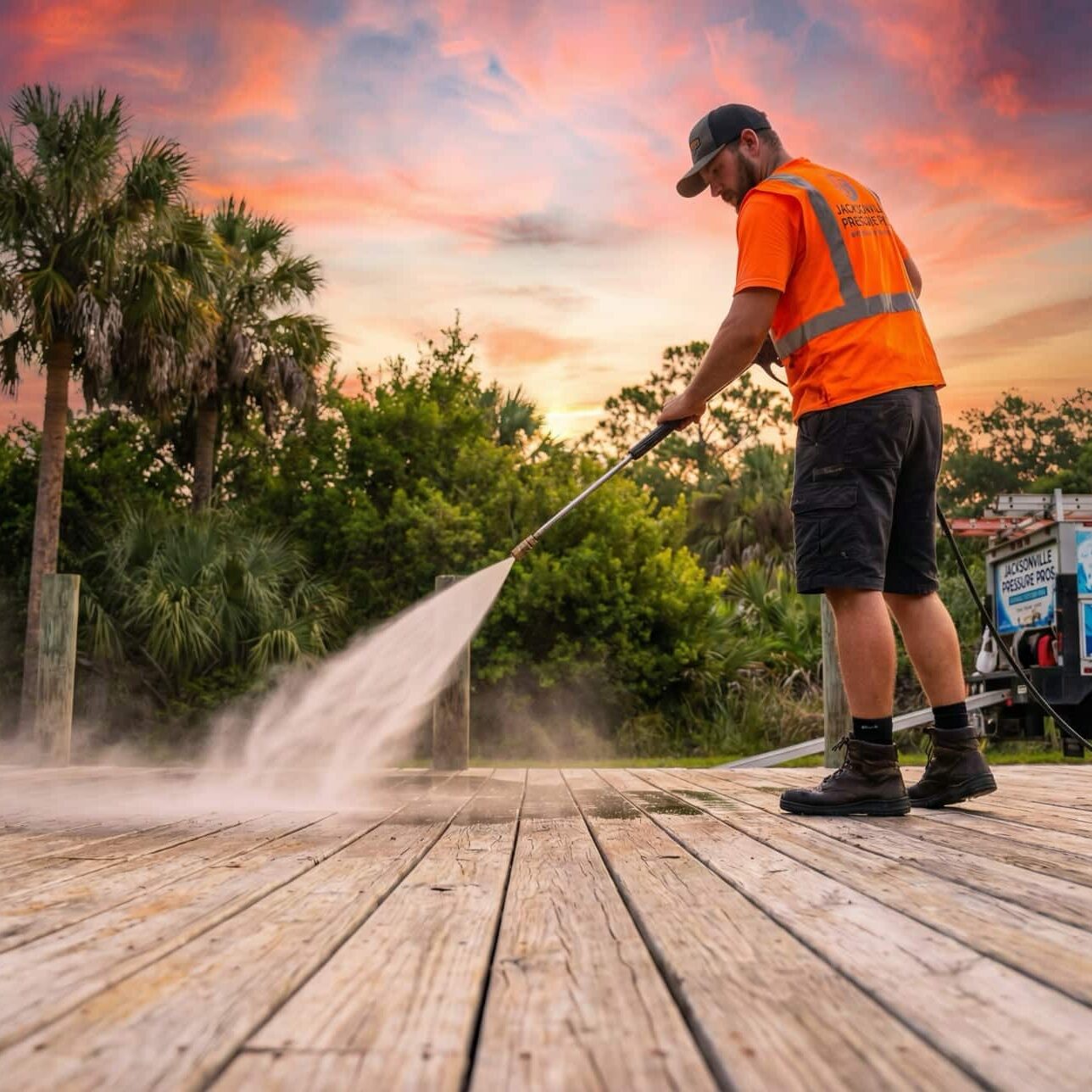 A worker in an orange safety vest and cap power washes a wooden deck at sunset, with palm trees and a truck labeled Jacksonville Pressure Pros in the background.
