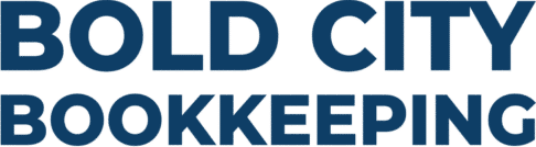 The image shows the words BOLD CITY BOOKKEEPING in large, dark blue, bold, uppercase letters on a light background.