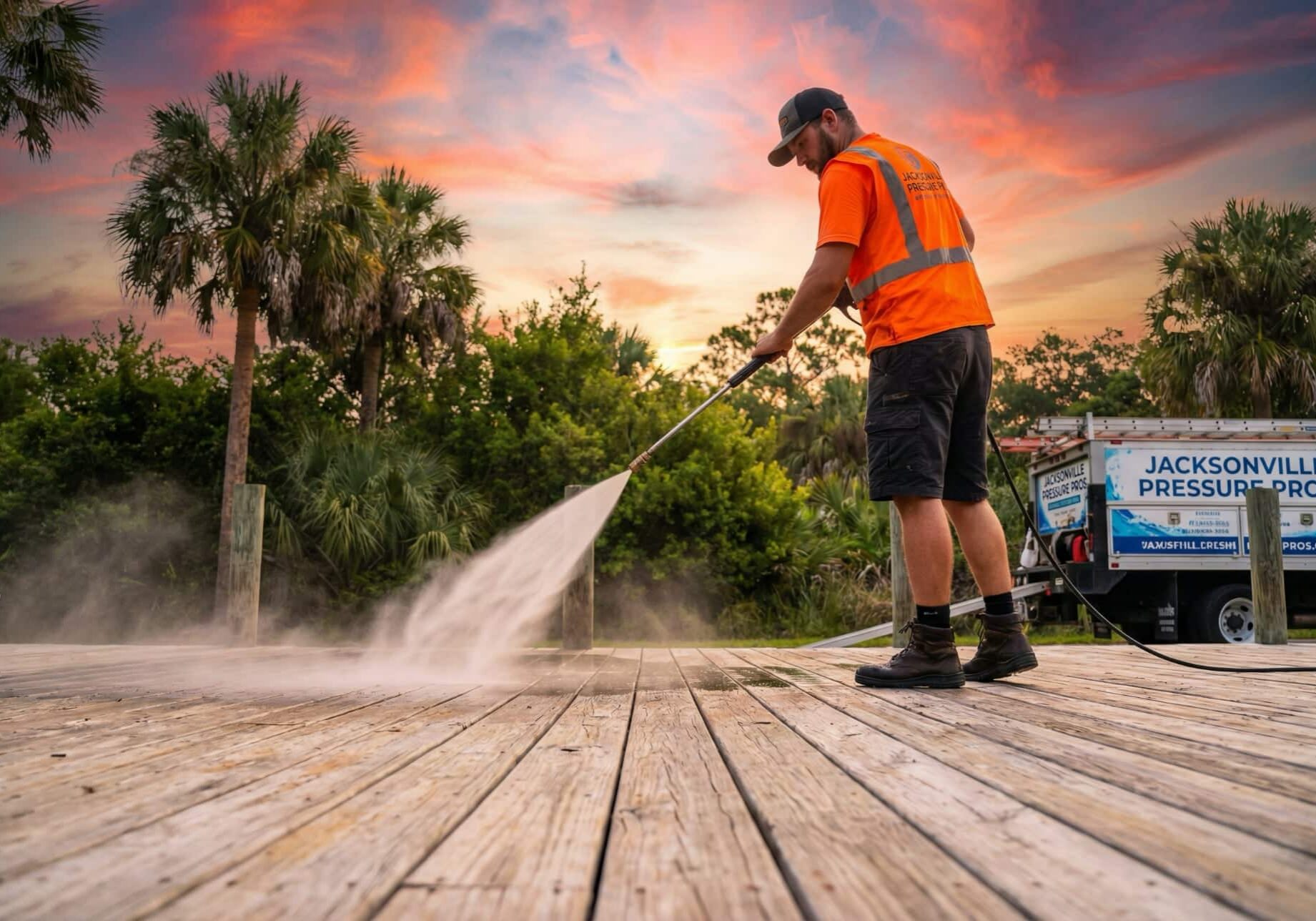 A worker in an orange safety vest and cap power washes a wooden deck at sunset, with palm trees and a truck labeled Jacksonville Pressure Pros in the background.