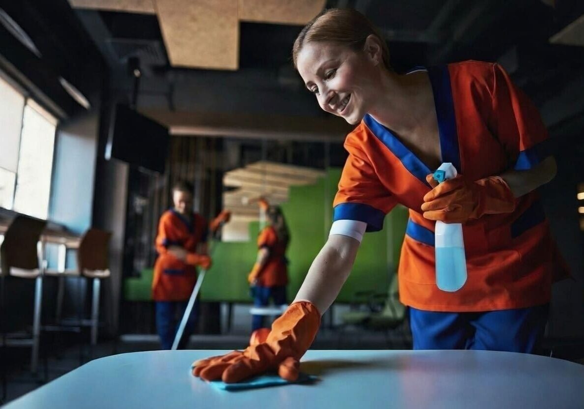 A woman in orange cleaning uniform and gloves wipes a table with a cloth and spray bottle, smiling, while two coworkers clean in the background of a modern, well-lit room.